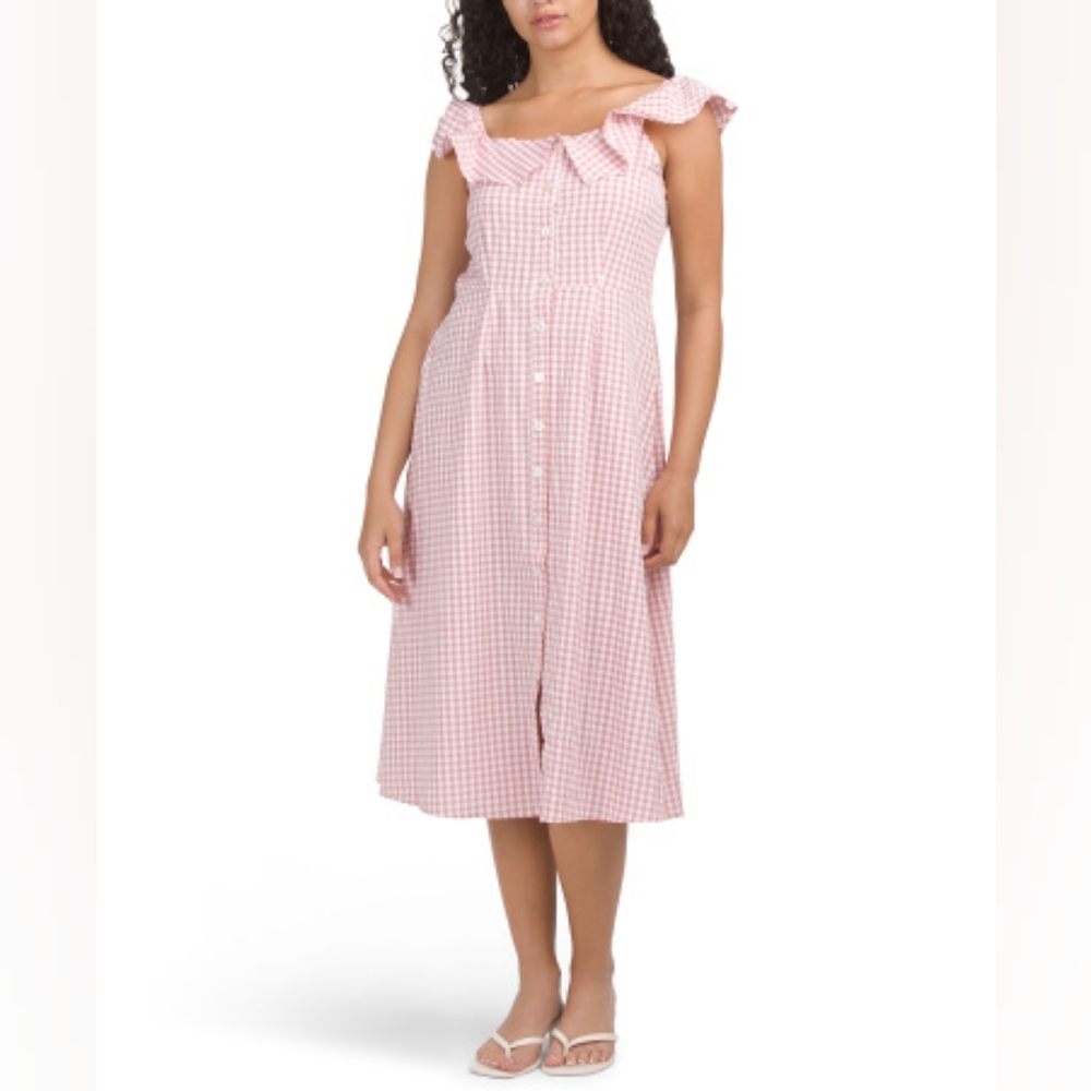 NWT - Gilli Stretch Seeksucker Gingham Button Down Midi Dress-Size L